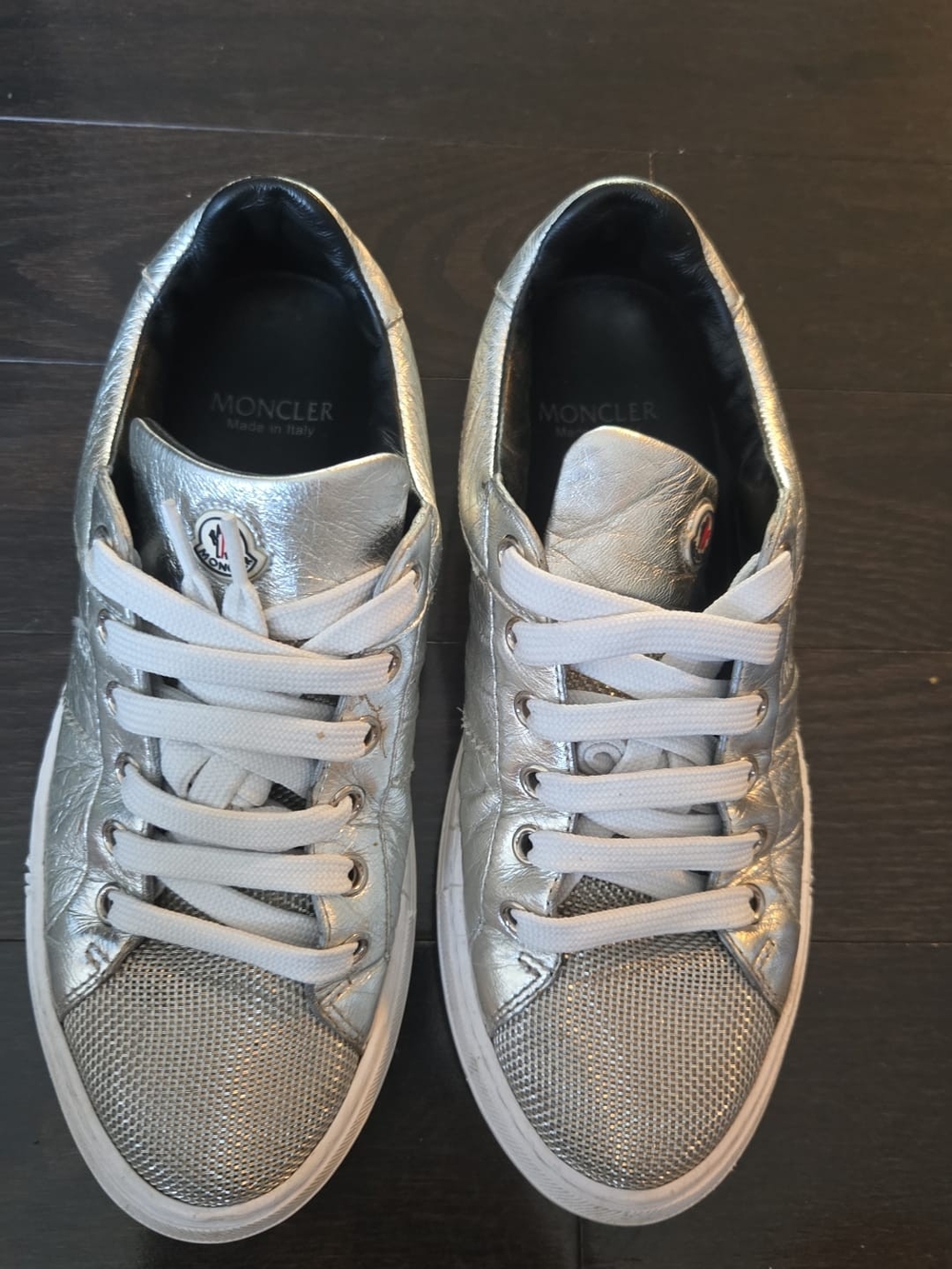 Moncler Women's Silver Metallic Low-Top Sneakers with White Laces